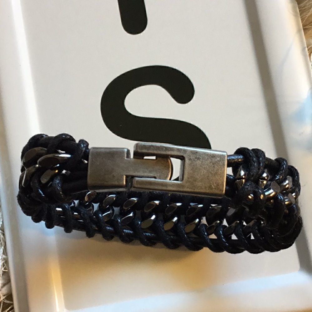 Black leather & stainless Cuban bracelet NWOT